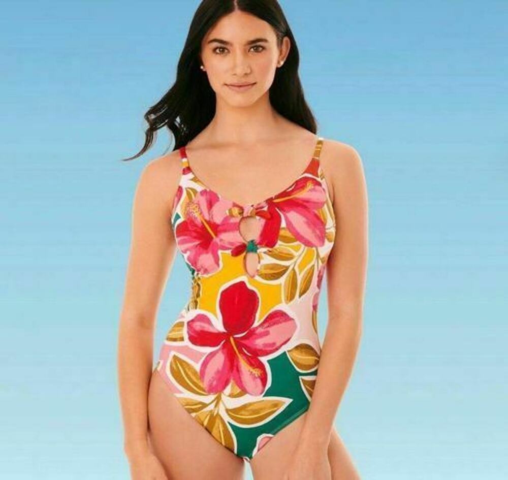 Beach Betty Swimsuit Tropical One Piece Floral Pink Green Mustard NWT L